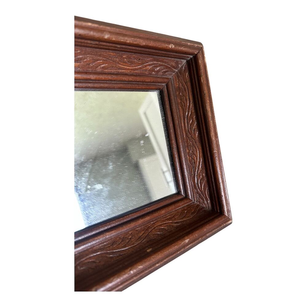 Small carved wooden mirror wall hanging decor hippie rustic vintage home art